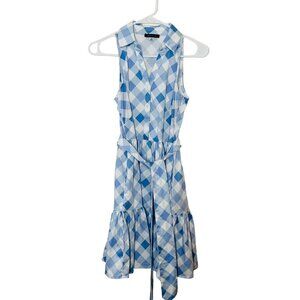 TOMMY HILFIGER Women's Blue Gingham-Print Belted Dress 2 A line  mini co…